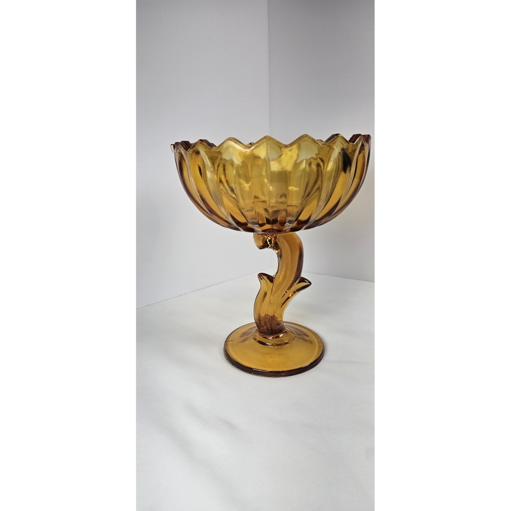 Vintage Indiana‎ Glass Lotus Blossom Amber Pedestal Compote Candy Dish 7"